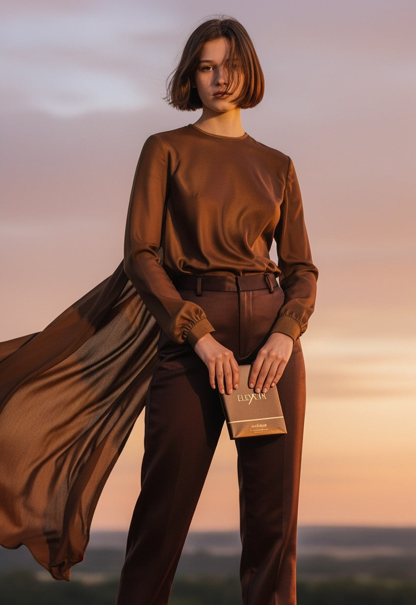 Paradime Enterprise LLC ATRALIA Elixir Eau De Parfum held by a woman in a brown silk outfit at sunset