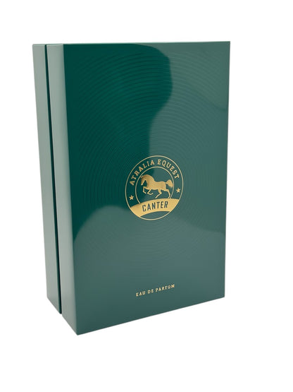 Paradime Enterprise LLC Atralia Equest Canter Eau de Parfum in a glossy dark green box with gold horse emblem.