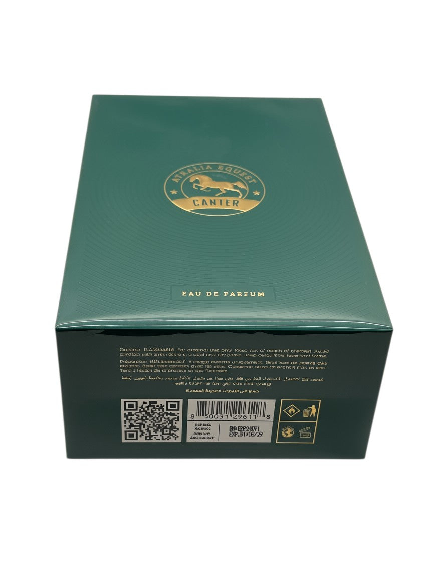 Paradime Enterprise LLC Atralia Equest Canter Eau de Parfum dark green box with gold horse emblem and product details