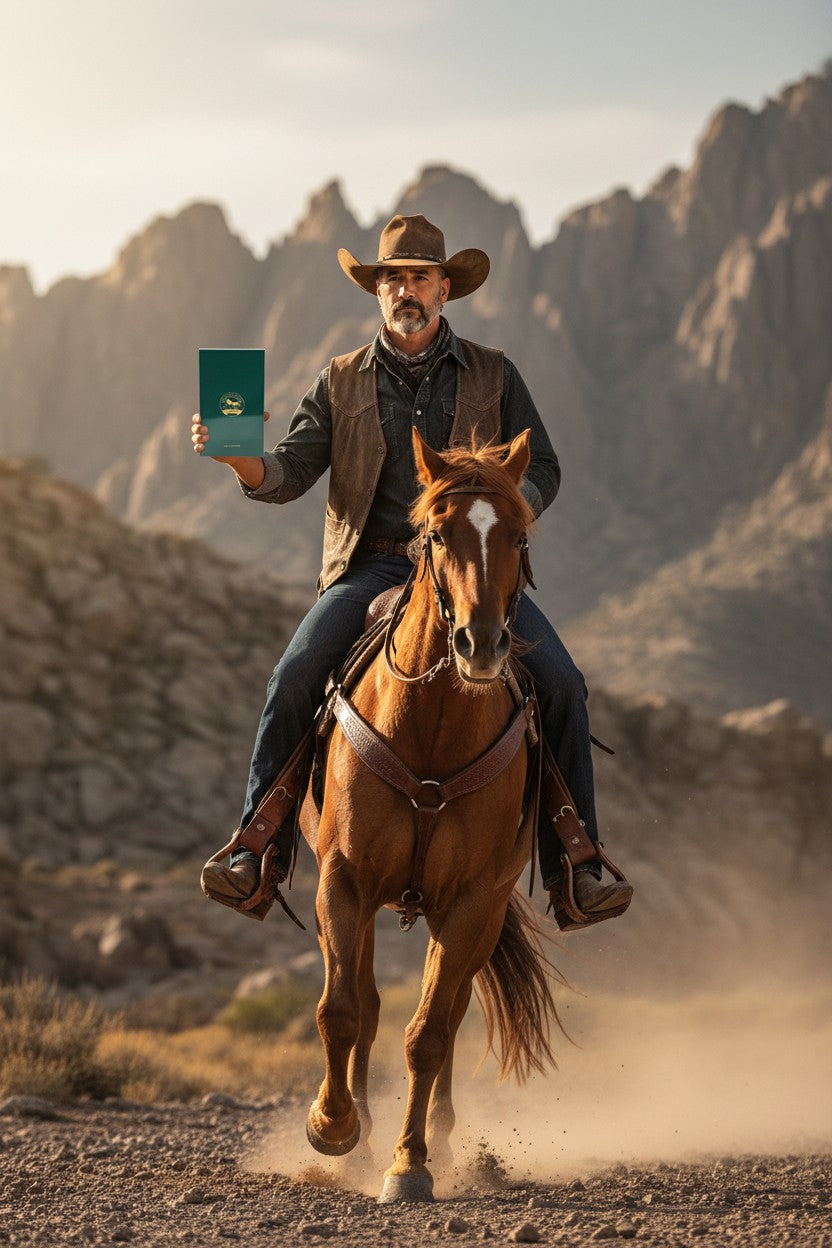 Paradime Enterprise LLC Atralia Equest Canter perfume bottle held by a cowboy riding a horse in a desert landscape