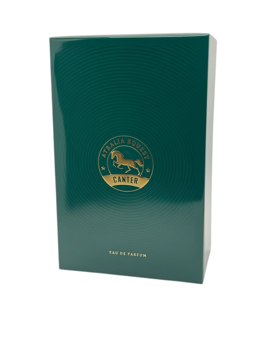 Paradime Enterprise LLC Atralia Equest Canter Eau de Parfum in a dark green box with a gold horse emblem.