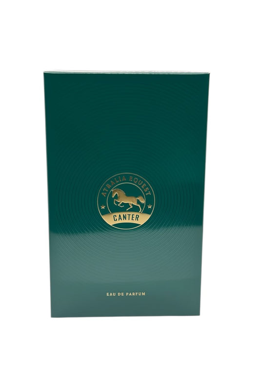 Paradime Enterprise LLC Atralia Equest Canter Eau de Parfum in a dark green box with a gold horse emblem.