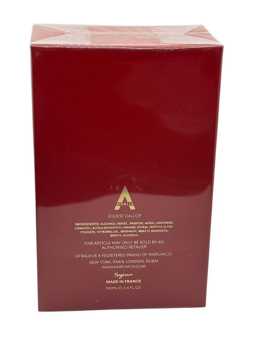 Paradime Enterprise LLC Atralia Equest Gallop 3.4 oz Eau de Parfum box in deep red with gold lettering