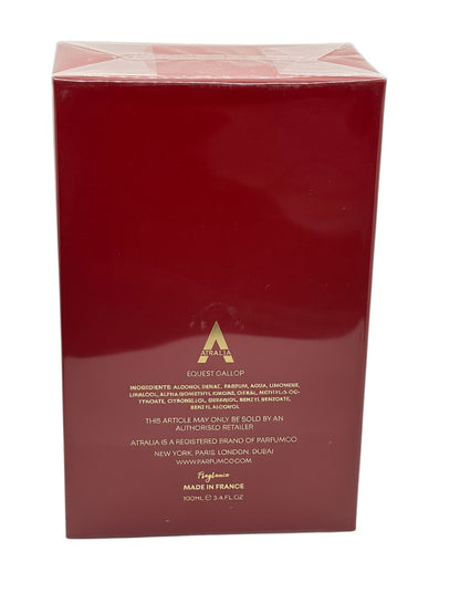 Paradime Enterprise LLC Atralia Equest Gallop 3.4 oz Eau de Parfum box in deep red with gold lettering