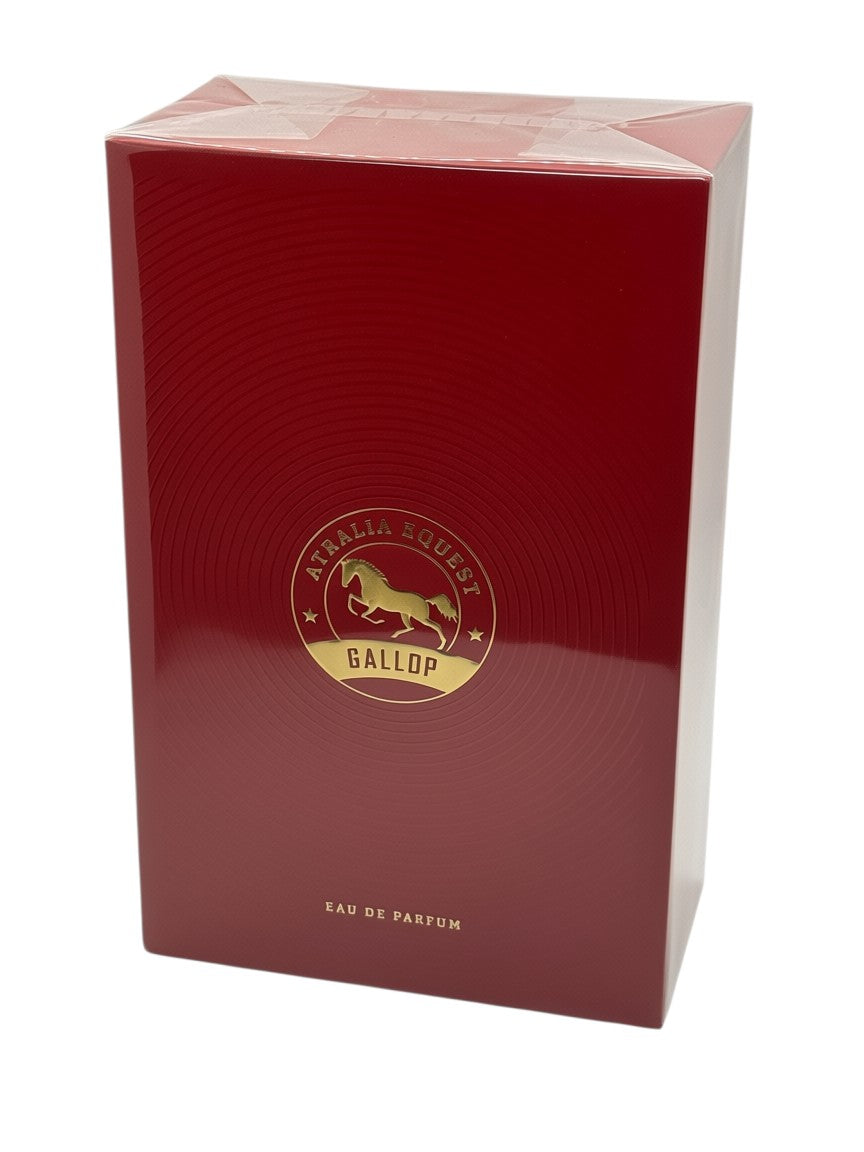 Paradime Enterprise LLC Atralia Equest Gallop Eau de Parfum in a deep red box with a gold horse emblem.