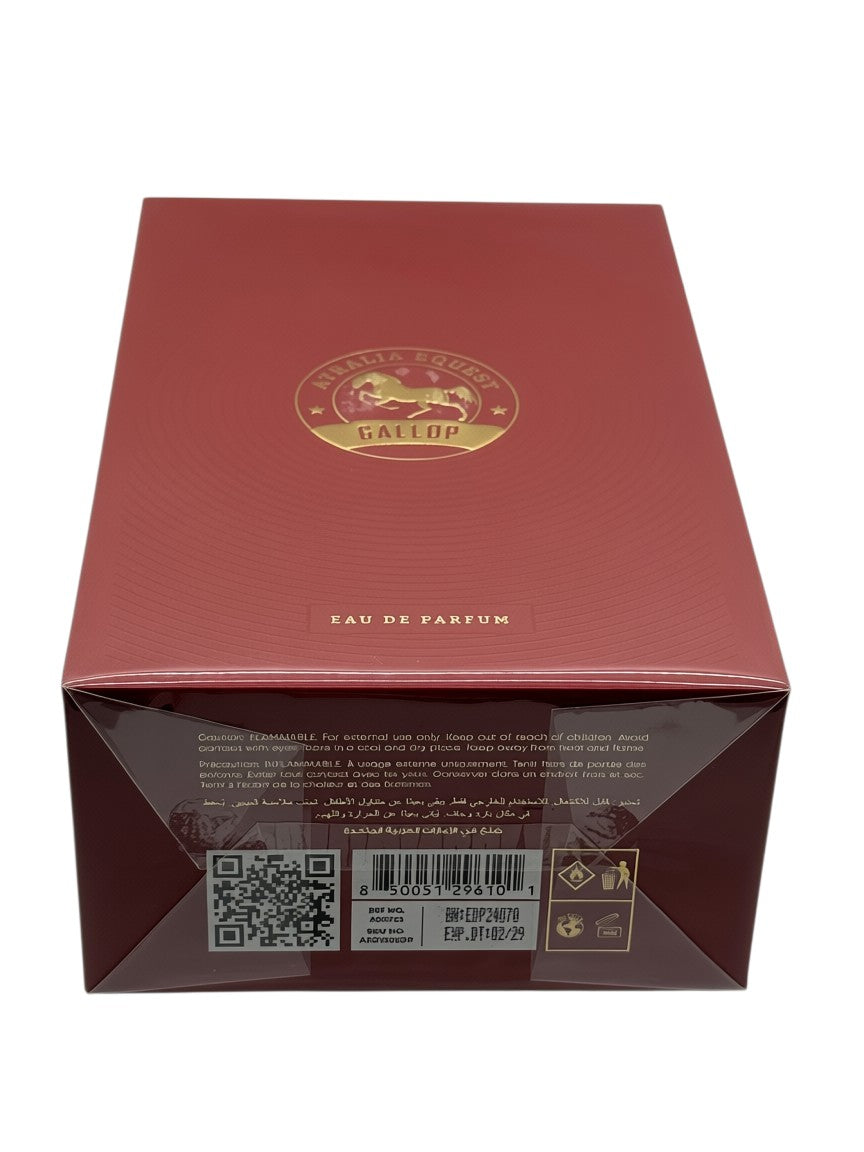 Paradime Enterprise LLC Atralia Equest Gallop Eau de Parfum box in deep red with gold emblem and product details