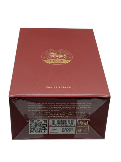 Paradime Enterprise LLC Atralia Equest Gallop Eau de Parfum box in deep red with gold emblem and product details