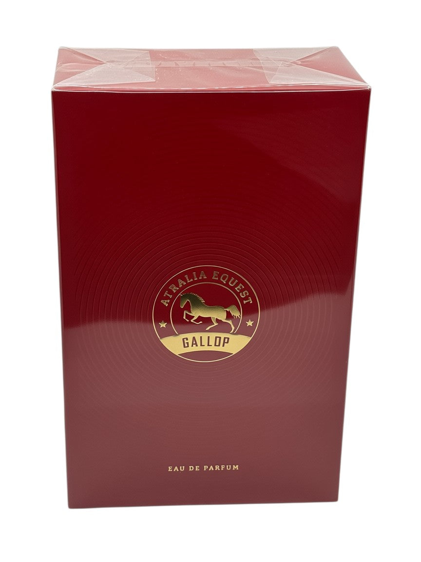 Paradime Enterprise LLC Atralia Equest Gallop Eau de Parfum in a deep red box with gold horse emblem