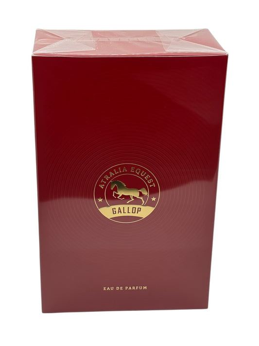 Paradime Enterprise LLC Atralia Equest Gallop Eau de Parfum in a deep red box with gold horse emblem