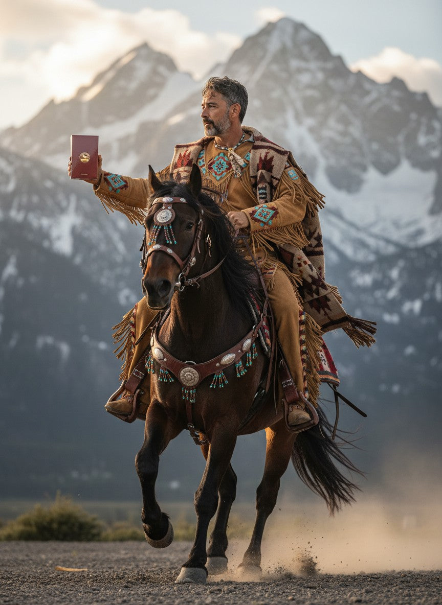 Paradime Enterprise LLC Atralia Equest Gallop perfume bottle held by a man riding a horse in a mountain landscape
