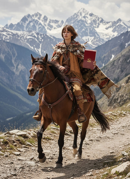 Paradime Enterprise LLC Atralia Equest Gallop perfume bottle held by a woman riding a horse in snowy mountains