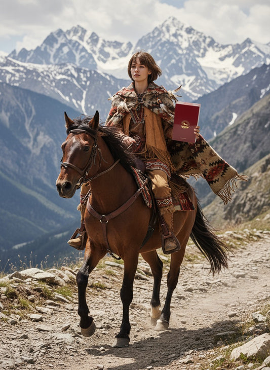 Paradime Enterprise LLC Atralia Equest Gallop perfume bottle held by a woman riding a horse in snowy mountains