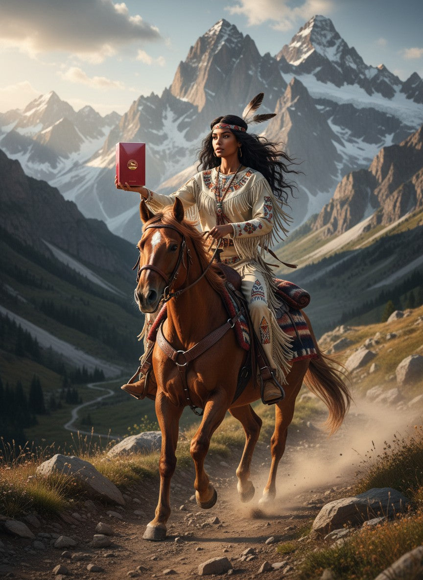 Paradime Enterprise LLC Atralia Equest Gallop perfume bottle held by a woman in traditional attire riding a horse