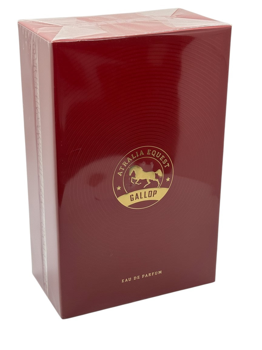 Paradime Enterprise LLC Atralia Equest Gallop 3.4 oz Eau de Parfum in a glossy red box with gold horse emblem