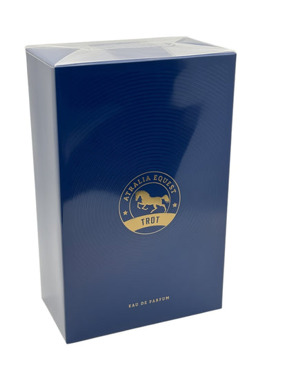 Paradime Enterprise LLC Atralia Equest Trot Eau de Parfum 3.4 oz fragrance box in deep blue with gold horse logo