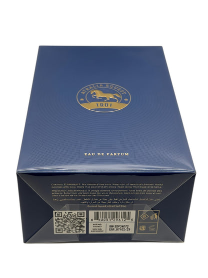 Paradime Enterprise LLC Atralia Equest Trot Eau de Parfum 3.4 oz blue box with gold horse emblem