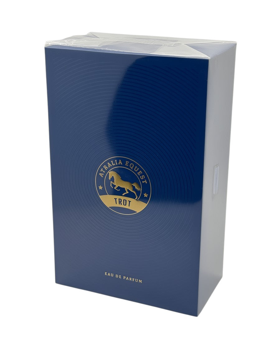Paradime Enterprise LLC Atralia Equest Trot Eau de Parfum in a deep blue box with a gold horse logo.