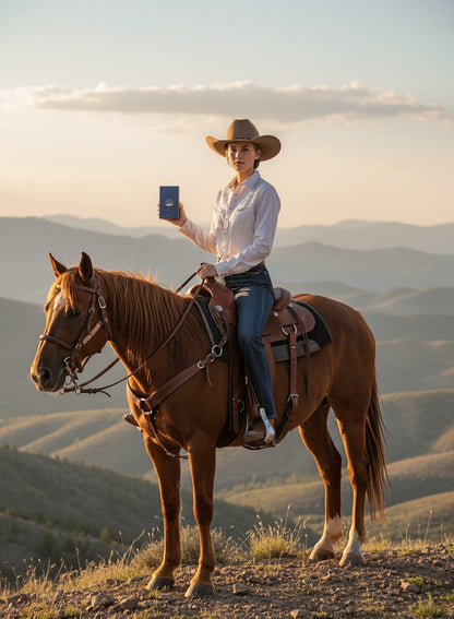 Paradime Enterprise LLC Atralia Equest Trot perfume bottle held by a cowgirl on horseback at sunset in the mountains.