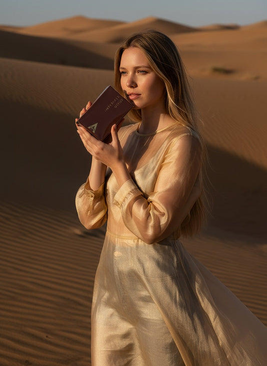 Paradime Enterprise LLC Atralia Imperiale Unus perfume bottle held by a woman in a gold dress in a desert landscape.