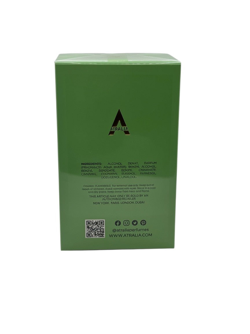 Paradime Enterprise LLC Atralia Matcha Latte perfume box back view showing ingredients and branding in green