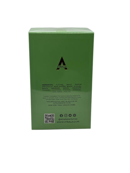 Paradime Enterprise LLC Atralia Matcha Latte perfume box back view showing ingredients and branding in green