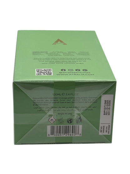 Paradime Enterprise LLC Atralia Matcha Latte perfume box, green packaging with ingredient list and barcode, 100ml bottle