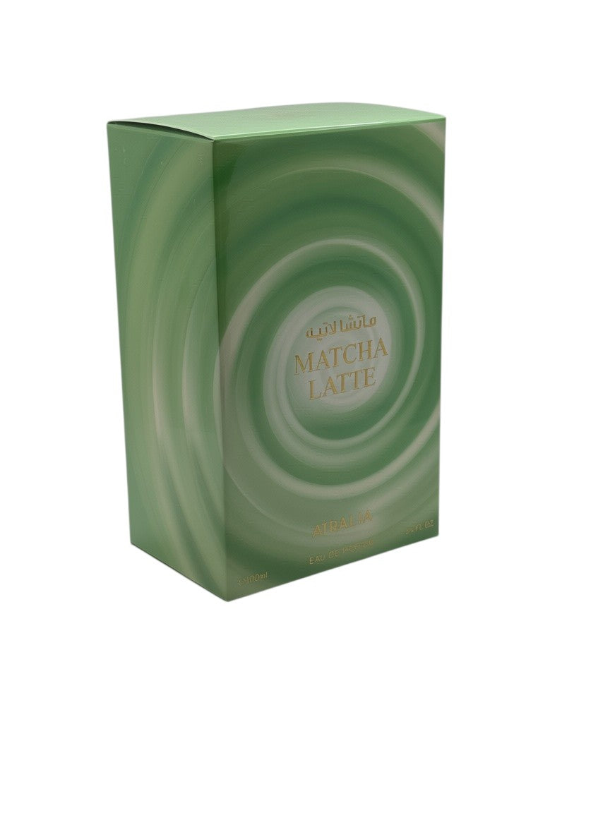 Paradime Enterprise LLC Atralia Matcha Latte eau de parfum box with green swirling graphic and gold lettering.