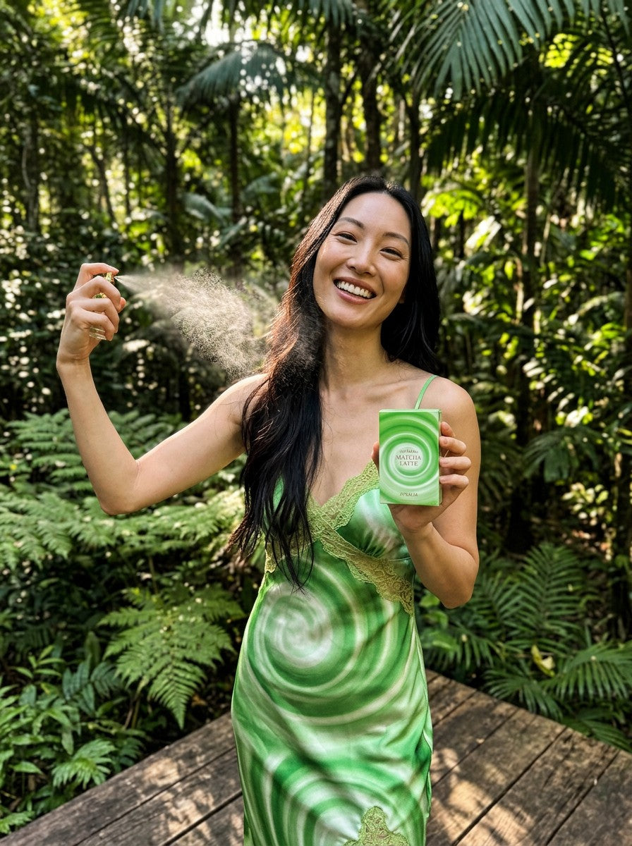 Paradime Enterprise LLC Atralia Matcha Latte perfume bottle held by a smiling woman in a green dress in a lush forest