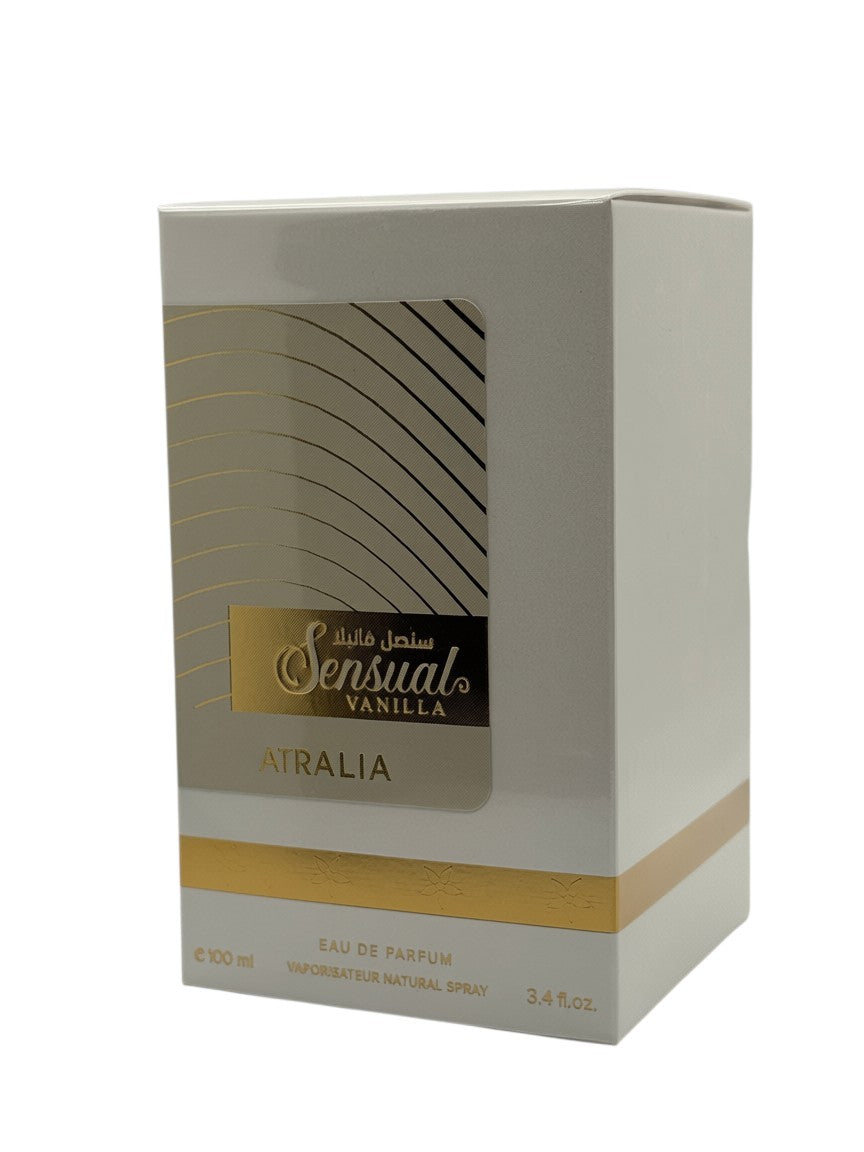 Paradime Enterprise LLC Atralia Sensual Vanilla 3.4 oz Eau de Parfum box with white and gold elegant design