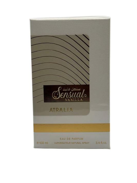 Paradime Enterprise LLC Atralia Sensual Vanilla 3.4 oz Eau de Parfum box in white and gold packaging.