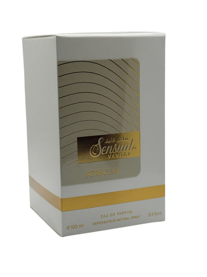 Paradime Enterprise LLC Atralia Sensual Vanilla 3.4 oz Eau de Parfum in a white and gold box.