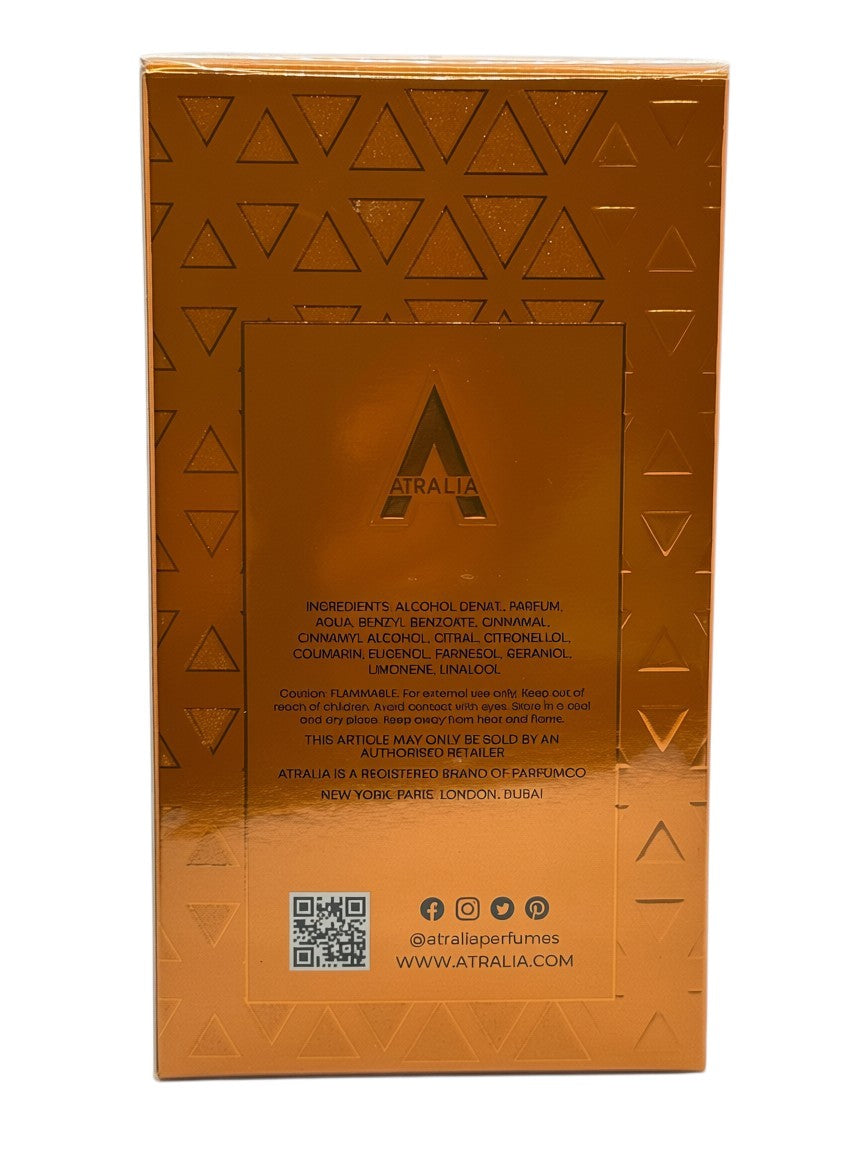 Paradime Enterprise LLC Atralia Tonka Gold EDP perfume box back view with metallic gold finish and geometric pattern