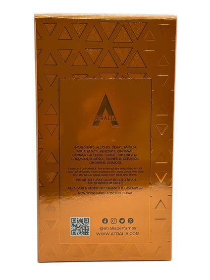 Paradime Enterprise LLC Atralia Tonka Gold EDP perfume box back view with metallic gold finish and geometric pattern