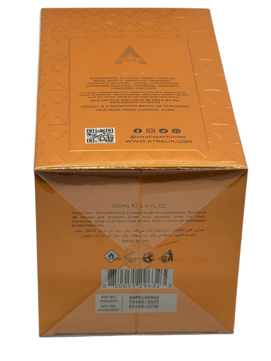 Paradime Enterprise LLC Atralia Tonka Gold Eau de Parfum 3.4 oz box back view with gold metallic finish