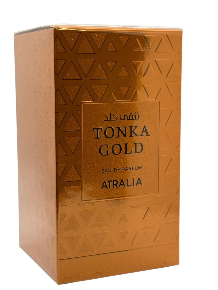 Paradime Enterprise LLC Atralia Tonka Gold Eau de Parfum in a metallic gold box with geometric triangle patterns