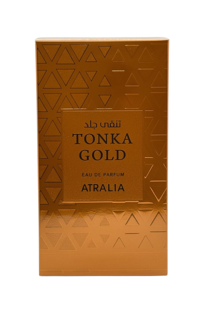 Paradime Enterprise LLC Atralia Tonka Gold Eau de Parfum in a metallic gold box with geometric triangle patterns.