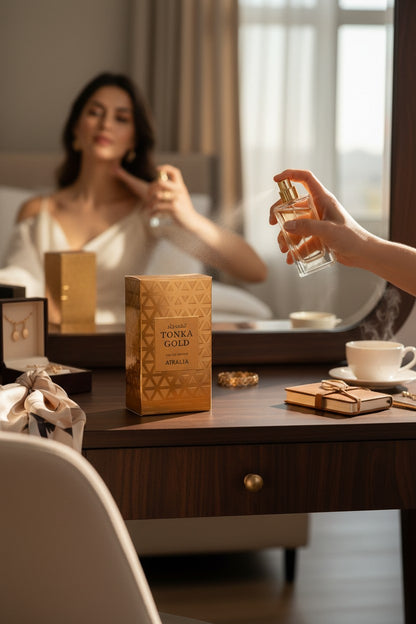 Paradime Enterprise LLC Atralia Tonka Gold perfume bottle and box on a vanity with a woman applying fragrance