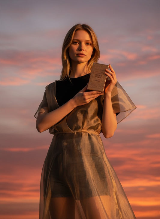 Paradime Enterprise LLC Atralia Tonka Gold perfume bottle held by a woman against a golden sunset sky
