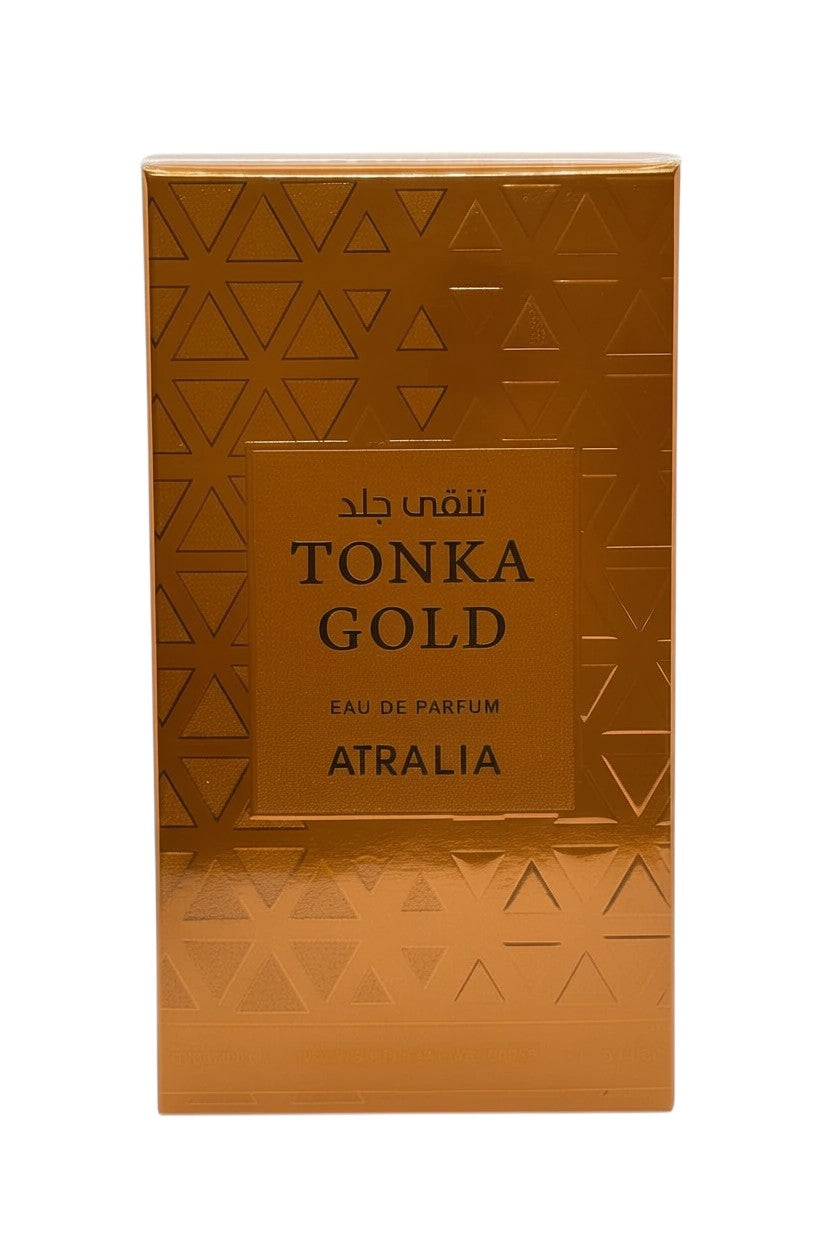 Paradime Enterprise LLC Atralia Tonka Gold Eau de Parfum in a metallic gold box with geometric triangle patterns.