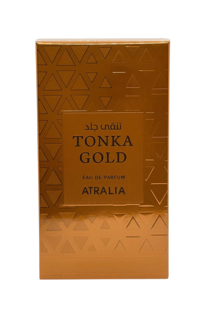 Paradime Enterprise LLC Atralia Tonka Gold Eau de Parfum in a metallic gold box with geometric triangle patterns.