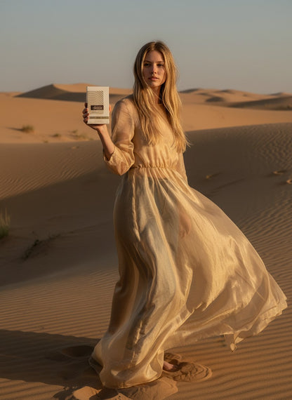 Paradime Enterprise LLC Atralia Sensual Vanilla perfume held by a woman in a flowing gold dress in a desert landscape.