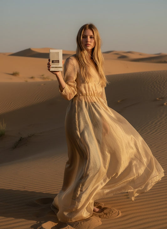 Paradime Enterprise LLC Atralia Sensual Vanilla perfume held by a woman in a flowing gold dress in a desert landscape.