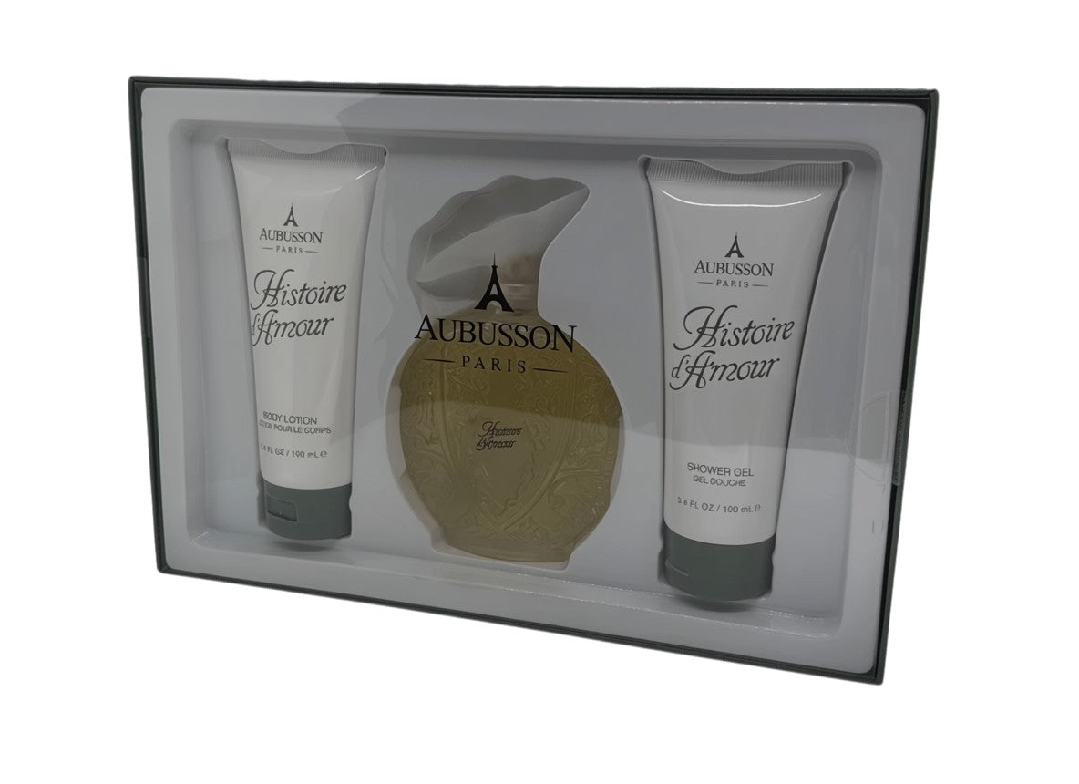 Paradime Enterprise LLC Aubusson Histoire D'Amour gift set featuring perfume, body lotion, and shower gel in a box.