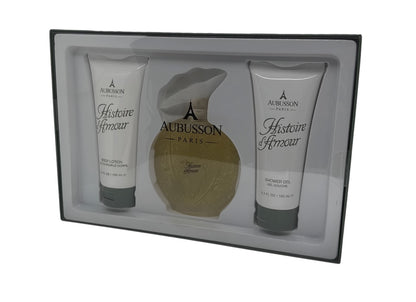 Paradime Enterprise LLC Aubusson Histoire D'Amour gift set featuring perfume, body lotion, and shower gel in a box.
