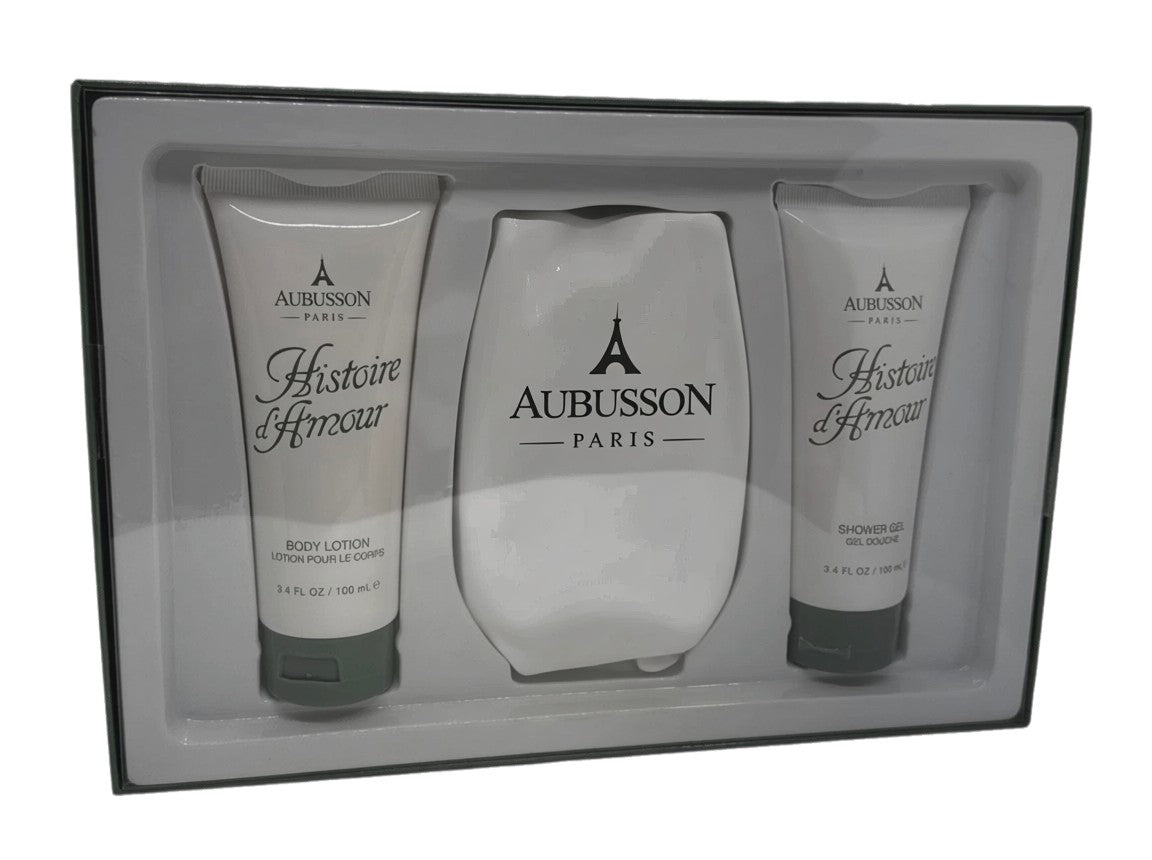 Paradime Enterprise LLC Aubusson Histoire D'Amour gift set featuring perfume, body lotion, and shower gel in a box.