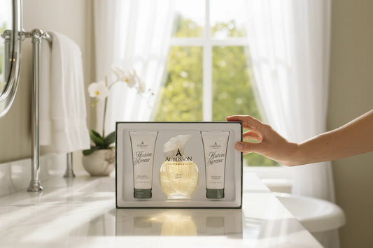 Paradime Enterprise LLC Aubusson Histoire D'Amour gift set featuring perfume, body lotion, and shower gel on a vanity.
