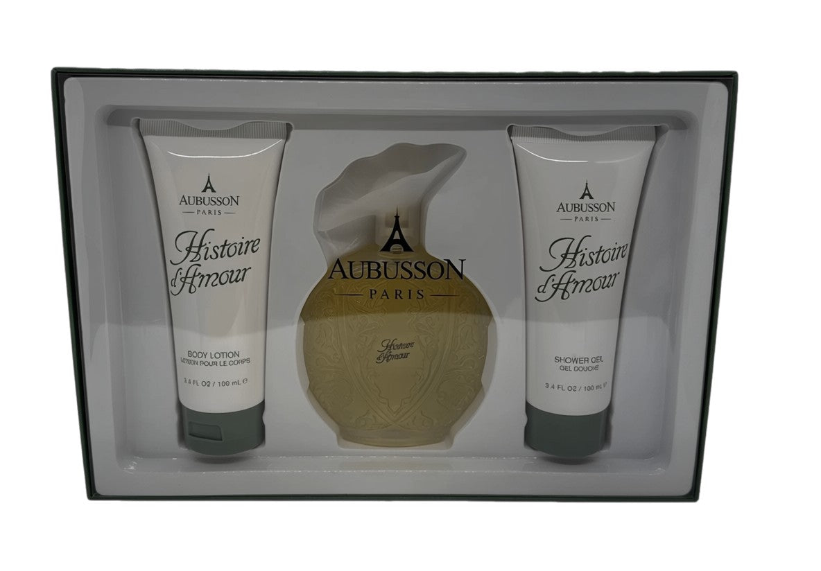Paradime Enterprise LLC Aubusson Histoire D'Amour gift set featuring perfume, body lotion, and shower gel in a box.