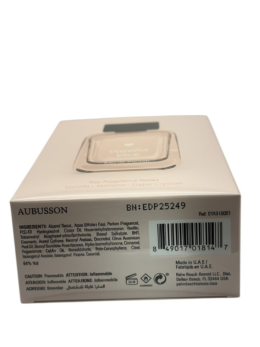 Paradime Enterprise LLC Aubusson Vanilla Vice perfume box back view showing ingredients and barcode