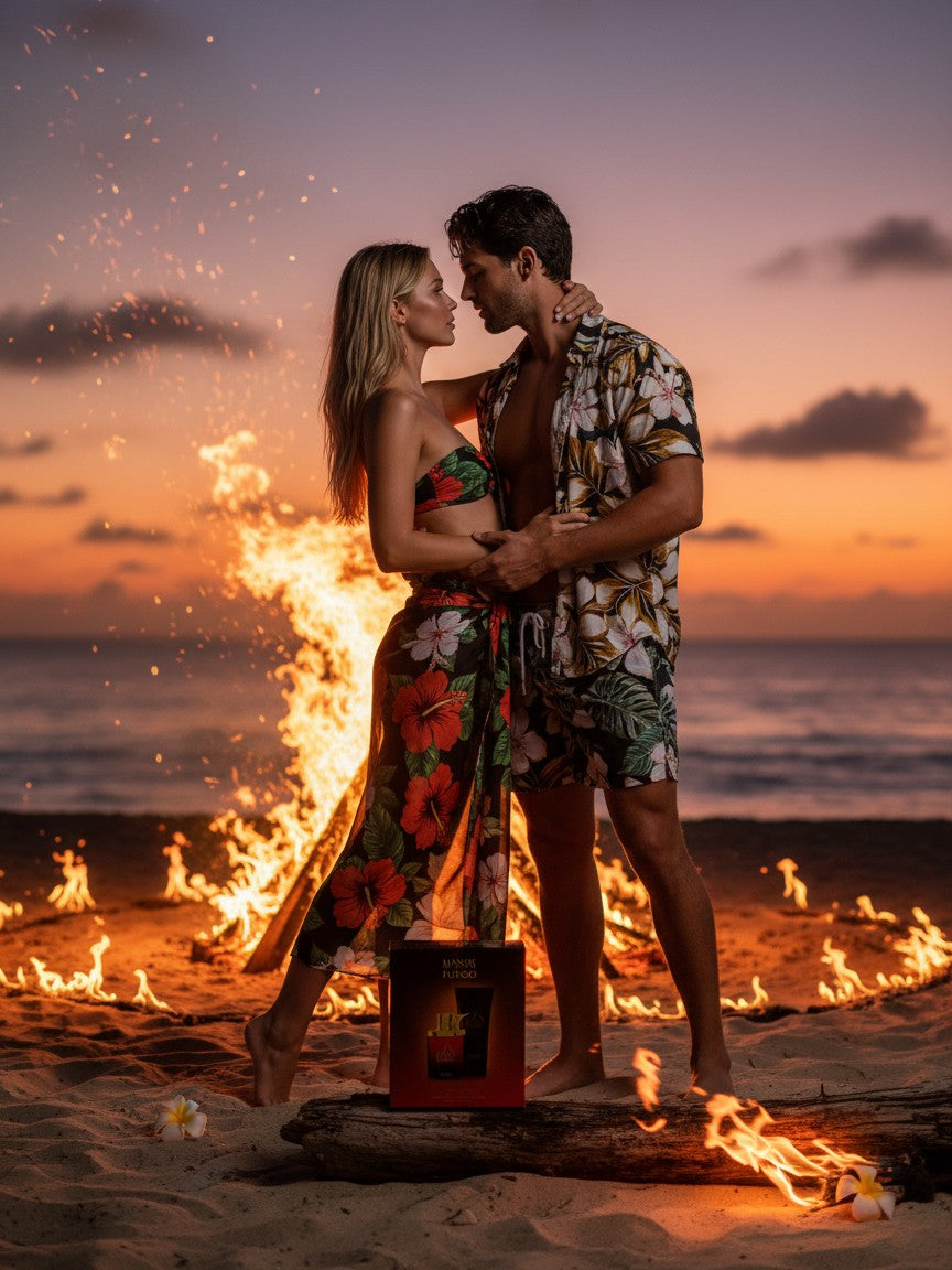Paradime Enterprise LLC Caliente fragrance gift set displayed on a beach with a couple by a bonfire at sunset.