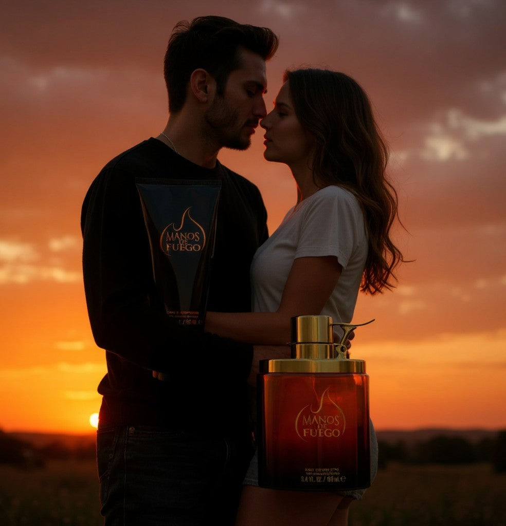 Paradime Enterprise LLC Caliente by Manos De Fuego 2 piece fragrance gift set held by a couple at sunset.